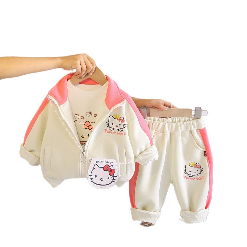 Girls' Outfit 2026 New Fashionable Children's Clothing Baby Spring and Autumn Kitten Patchwork Three-Piece Set Infant