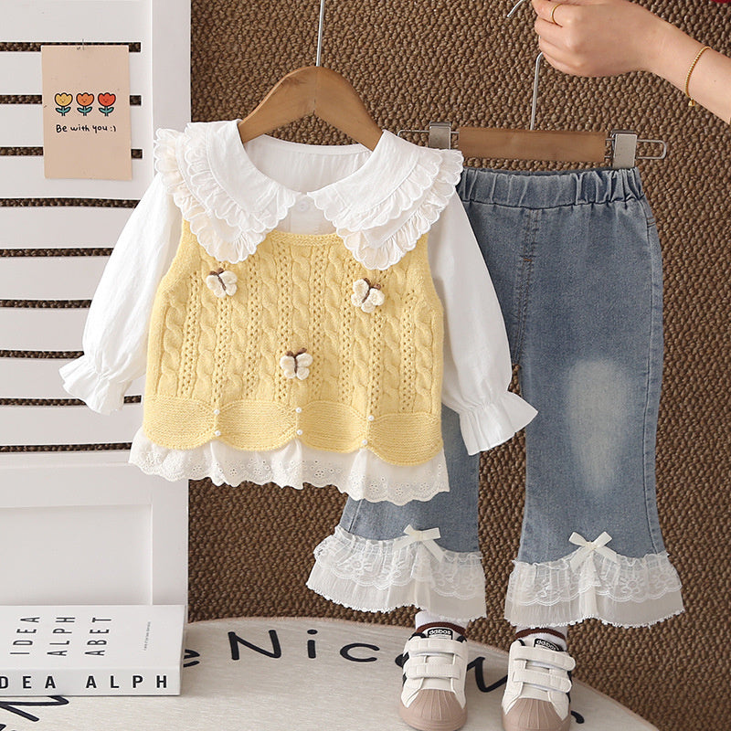 Baby Girl Spring and Autumn Outfit 2026 New Model 3-Piece Butterfly Sweater Set for 1-Year-Old Girls