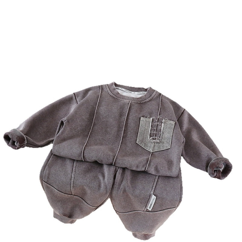 Boys' Spring and Autumn Outfit New Fashionable Baby Children's Clothing Casual Long-Sleeve Solid Color Sweatshirt Two-Piece Set