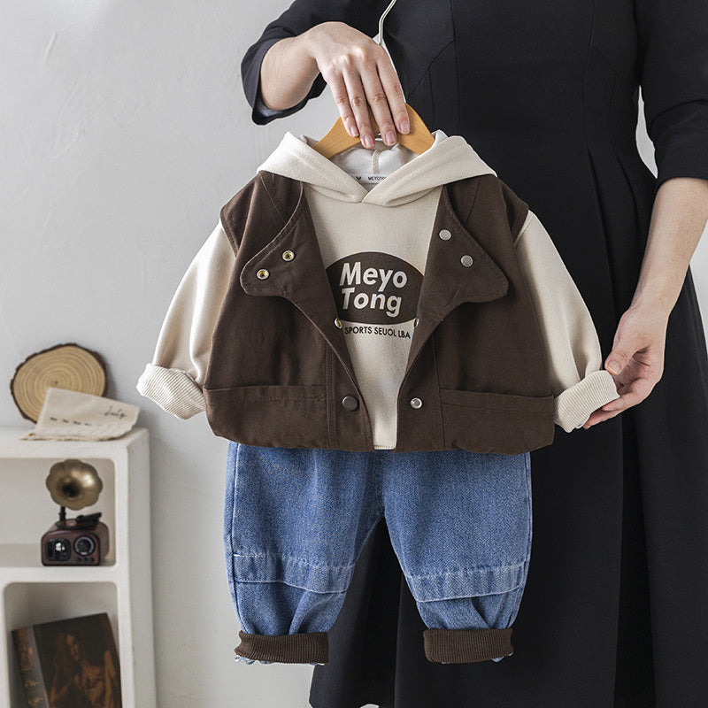 Children's Clothing Outfit Solid Color Letter Hooded Vest Three-Piece Set Spring Autumn Baby Boys Clothes Trendy