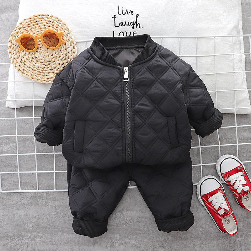 Boys' Fleece-Lined Thickened 2022 Style Children's Baby Plaid Zipper Cotton Jacket Two-Piece Set for Autumn and Winter