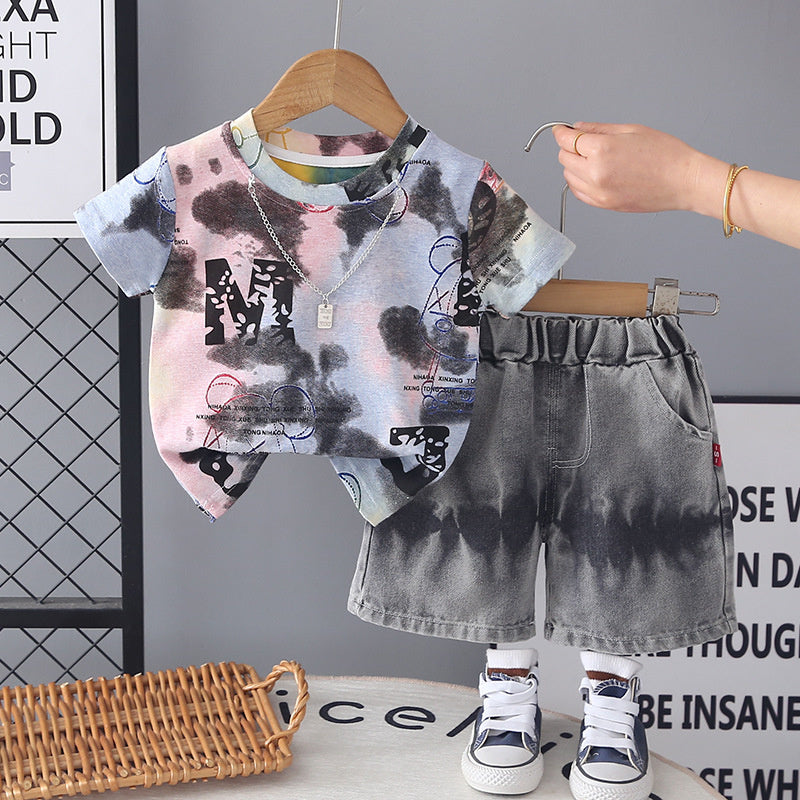 Baby clothes summer thin style children's clothing necklace two-piece set stylish cartoon short-sleeve outfit for one-year-old boy