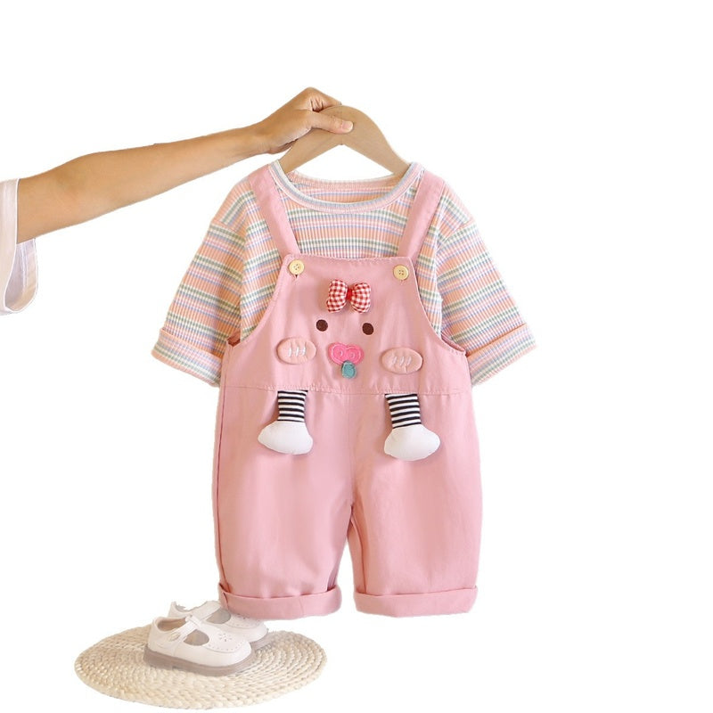 Girls' Spring and Bowknot Overalls Two-Piece Set, Stylish Toddler Clothing for 1-Year-Old Baby Girls, Autumn Outfit