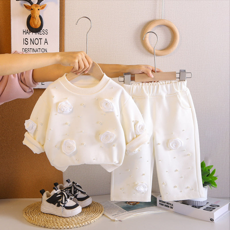 Girls' spring outfit set, stylish and fashionable, for 0-3 year old baby girls, beaded rose flower clothing, trendy children's clothes