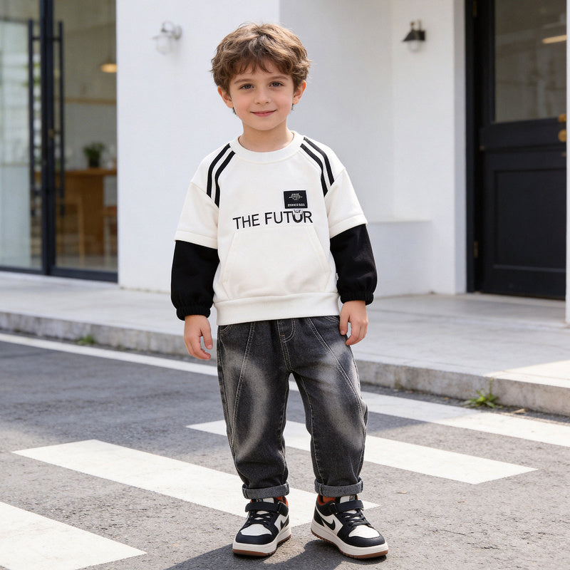 Boys' Round Neck Pocket Sweatshirt 2026 New Spring and Autumn Style Children's Casual Sports Two-Piece Set