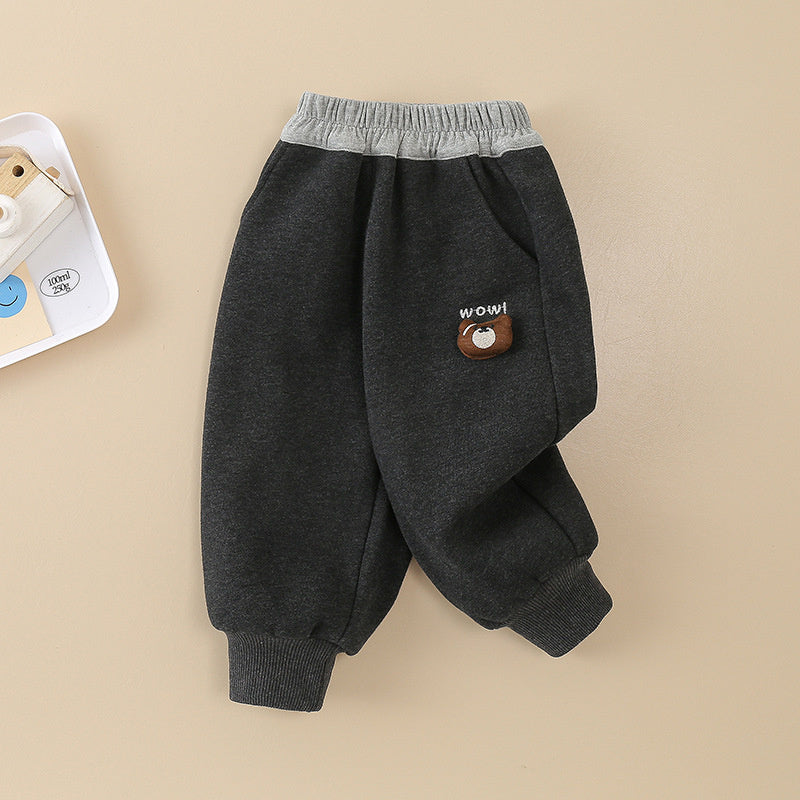 Baby Fleece-Lined Big Mouth Bear Autumn Winter Style Outerwear Boys Toddler Sweatpants Children's Sports Infant Long Pants