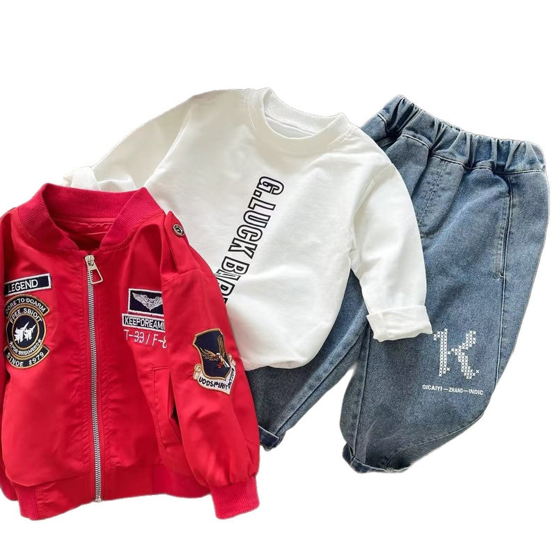 Boys' Outfit 2025 New Children's Spring and Autumn Stylish Baseball Jacket Long Sleeve Three-Piece Set for Babies
