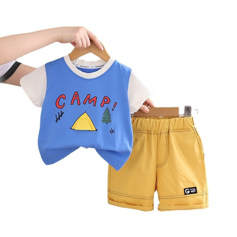 2026 New Thin Cartoon Tent Letter Two-Piece Set for Boys, Summer Children's Short-Sleeve Outfit, Trendy Wholesale