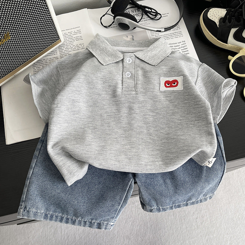 Boys' Outfit Set with Heart-Shaped Button Placket, Short Sleeve, 2026 New Model Children's Clothing for 3-Year-Old Boys, Summer Toddler Fashion