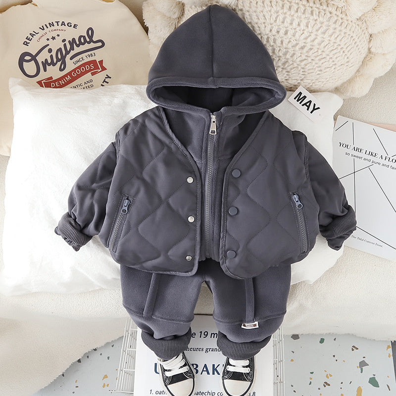 Boys' Thickened Outfit Winter Korean Style Fashionable Children's Outerwear Zipper Pocket Vest Fleece Three-Piece Set Trendy