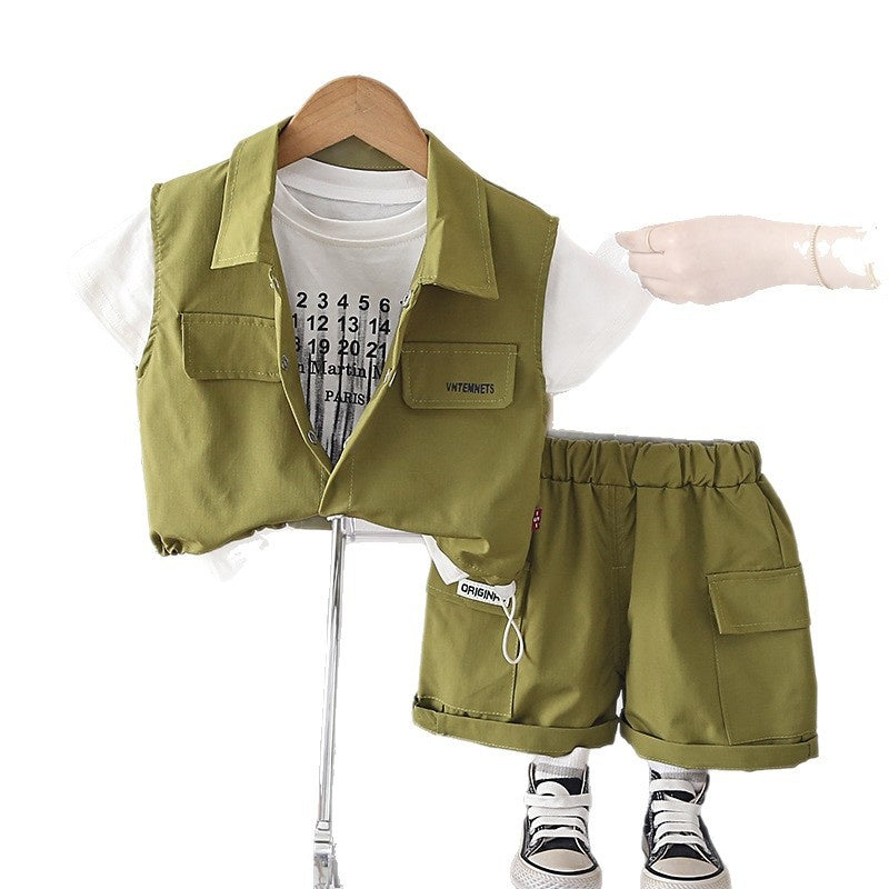Children's Outfit for Boys 2026 New Cool and Stylish Baby Casual Letter Print Short Sleeve Three-Piece Summer Clothes