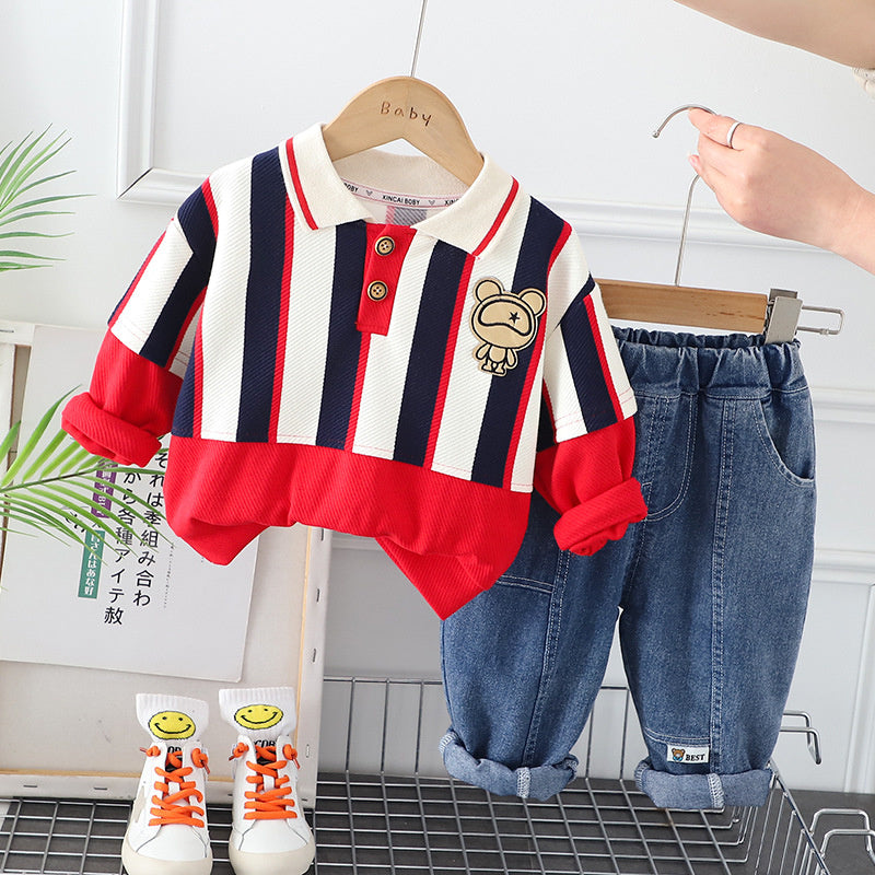 Boys' Spring Outfit 2025 New Stylish Toddler Boys and Girls Baby Striped Long Pants Two-Piece Set Wholesale