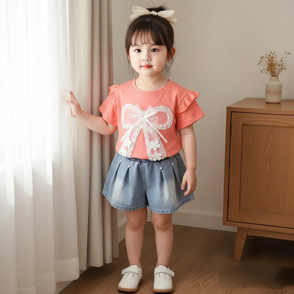 Girls' Short-Sleeve Outfit with Big Bow 1-4 Year Olds, Baby Clothes, Children's Wear, Lightweight Summer Clothing for Toddlers