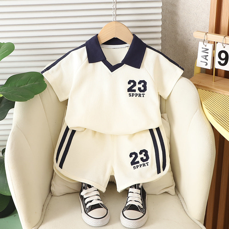 Children's Outfit Digital Turn-Down Collar Short Sleeve Set 2025 New Cool Handsome Boys Baby Summer Thin Clothes