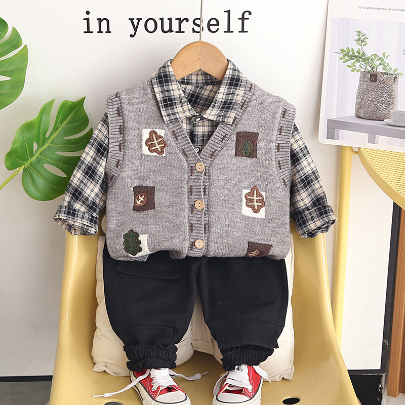 Outfit 2026 New Style Baby Boys' Spring and Autumn Fashionable Korean Version Square Vest Three-Piece Set