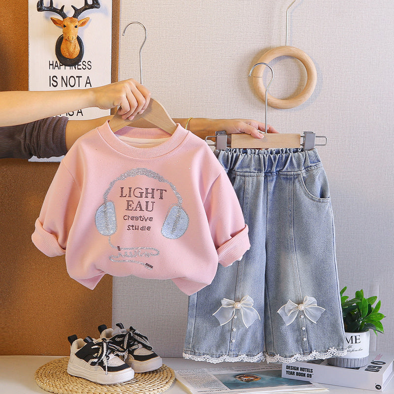 Girls' Rhinestone Earphone Hoodie Set, 2026 New Fashionable Children's Spring Outfit, Cute Two-Piece Set for Babies