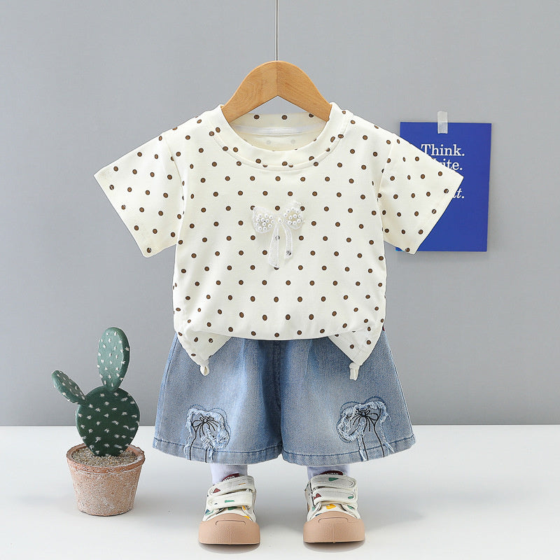 2026 New Summer Children's Outfit Girls, Polka Dot Short Sleeve Shorts Two-Piece Set, Baby Clothes for 1-Year-Old Girls