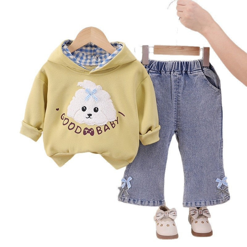 Girls' Outfit 2026 New Fashionable Cartoon Puppy Hooded Sweatshirt Set Baby Autumn Stylish Children's Clothing