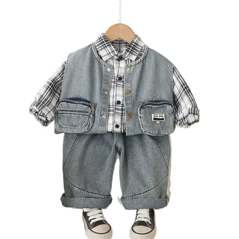 Boys' Outfit 2026 New Style Set: Stylish Plaid Double-Pocket Vest Three-Piece Set Spring and Autumn, Trendy for 1-Year-Olds