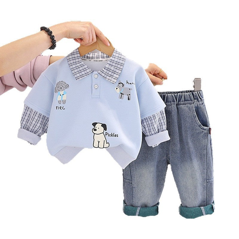 Children's clothing boys, stylish Polo sweatshirt set, fashionable cute puppy outfit for babies toddlers in spring and autumn