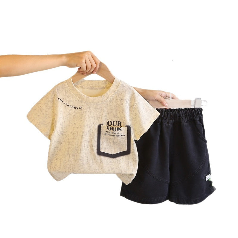 Boys' and girls' pocket short-sleeve T-shirt casual set 2026 summer new children's fashionable two-piece outfit