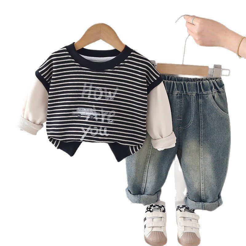 Boys' Outfit 2026 New Children's Striped Letter Casual Two-piece Set for Boys, Trendy Spring and Autumn Clothing