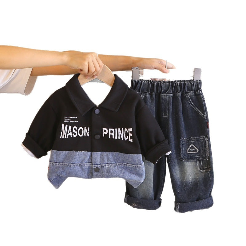 Children's clothing boys' suit baby outfit new style toddler spring and autumn stylish patchwork jacket two-piece set Korean fashion