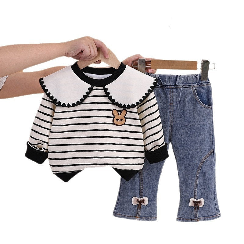 Girls' Spring and Fashionable Outfit 2026 New Baby Girl Striped Turn-down Collar Long Sleeve Autumn Clothes Infant Korean Style Trendy