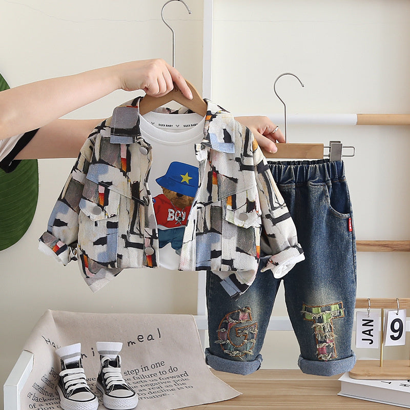 Boys' Outfit Children's Graffiti Workwear Stylish 1-2-3-4 Years Old Baby Spring Autumn Three-Piece Set One Piece Dropshipping