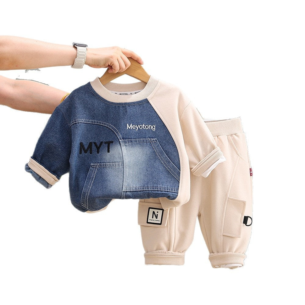 Children's Autumn Clothing for Boys 1-3 Years Old, Cute Outfit, Two-Piece Set with Denim Sleeves, Trendy Baby Clothes 2