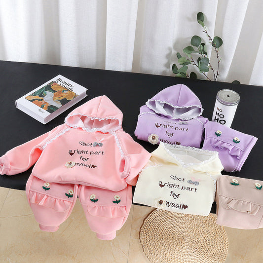 Girls' Outfit 2026 New Style Children's Spring and Autumn Fashionable Lace Hoodie Sweatshirt Two-Piece Set Baby Casual Wear