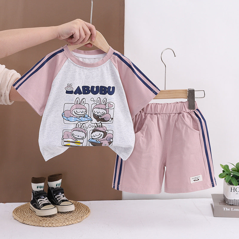 Boys' Summer Outfit 2026 New Fashionable Cartoon Sports Short Sleeve Set for 1-3 Year Old Boys and Girls