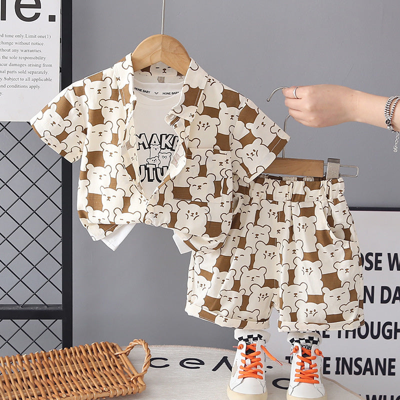 Boys' Summer Outfit 2026 New Fashionable Korean Style Thin Little Bear Shirt Short Sleeve Three-Piece Set
