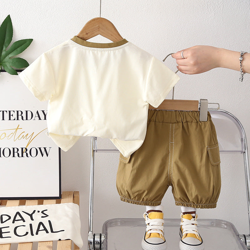 Boys' Outfit 2026 New Model Children's Short-Sleeve Fashionable Stylish Baby Summer Letter Pocket Logo Two-Piece Set