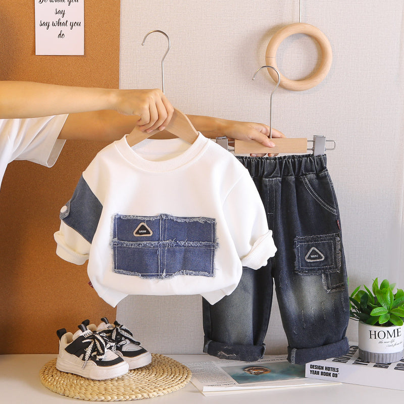 2026 Spring and Autumn New Style Boys' Korean Version Patchwork Denim Loose Sweatshirt with Spliced Sleeves, Two-Piece Set for Young Children