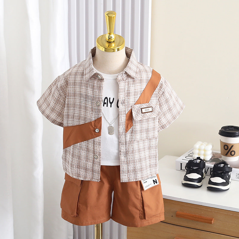Boys' Outfit 2026 New Short-Sleeve Stylish Toddler Summer Clothes Patchwork Plaid Three-Piece Set Baby Trendy