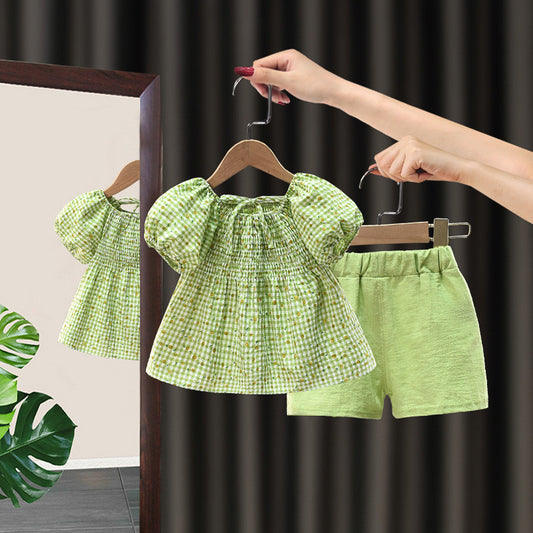 New Girls' Summer Floral Princess Set Baby Infant Korean Style Fashionable Short Sleeve Elegant Pastoral Two-Piece