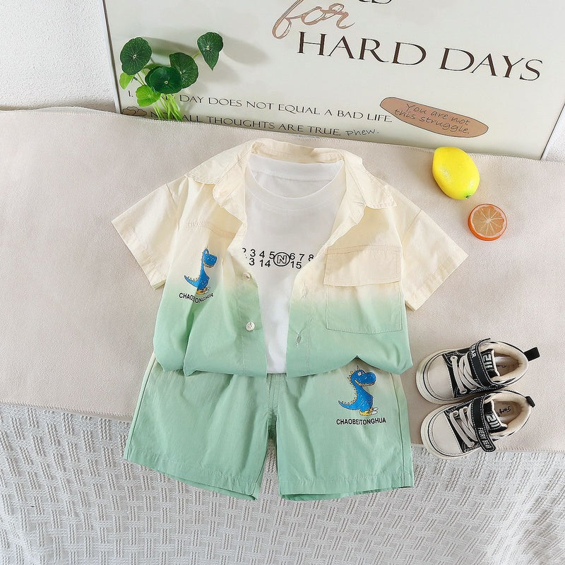 Boys' Outfit 2026 New Model Children's Summer Casual Gradient Dinosaur Short Sleeve Three-Piece Set for Boys Trendy