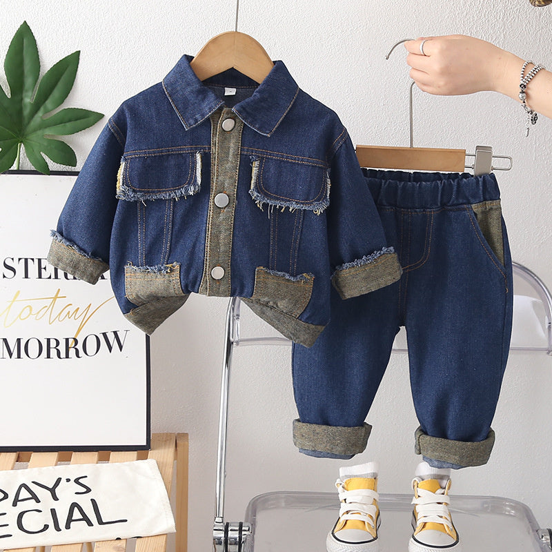Baby girl spring outfit set, children's denim clothes with square pockets, stylish autumn wear for little girls