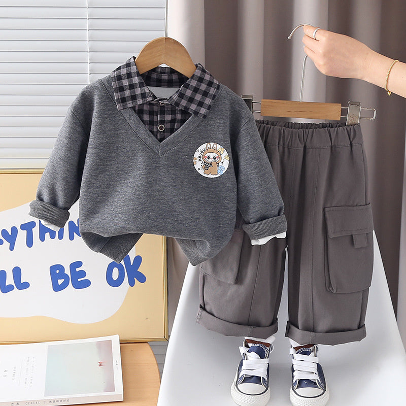 Outfit 2026 New Children's Sweatshirt Boys' Spring and Autumn Sporty Stylish Plaid Fake Three-Piece Set Trendy