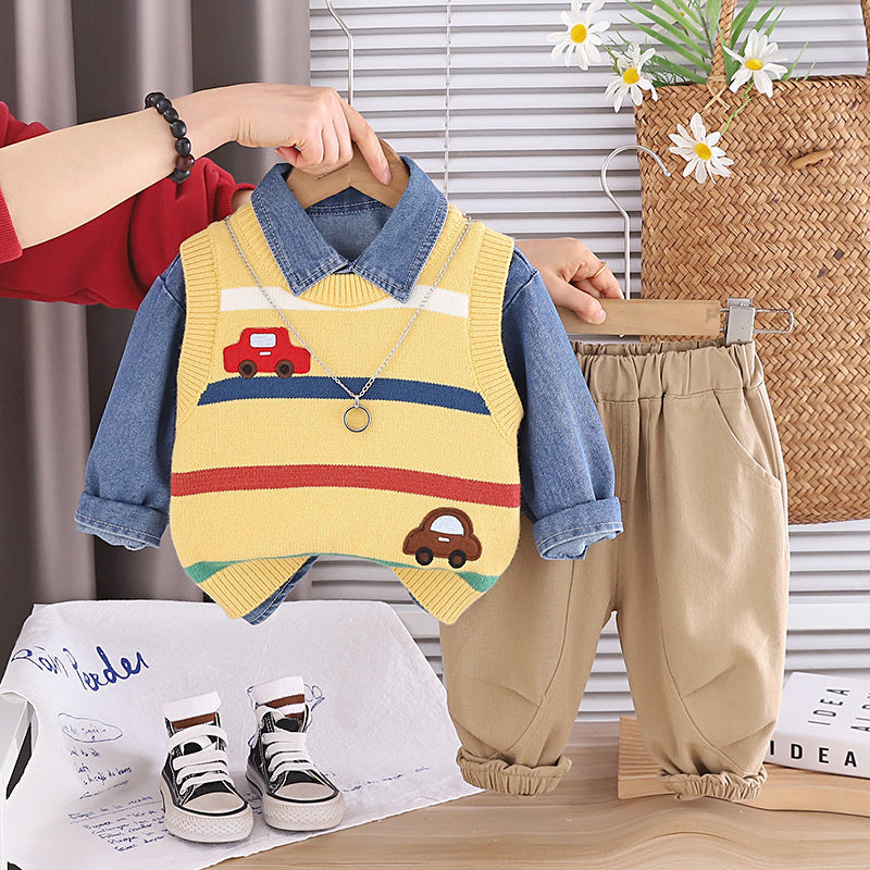Boys' outfit set, stylish baby boy spring and autumn fashion infant clothing, striped car sweater three-piece set