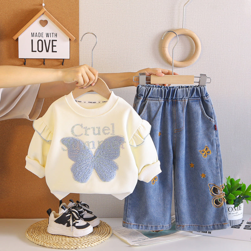 2026 Spring and New Korean Style Outfit Girls, Autumn Hollow Butterfly Jeans, Stylish Two-Piece Set for Babies