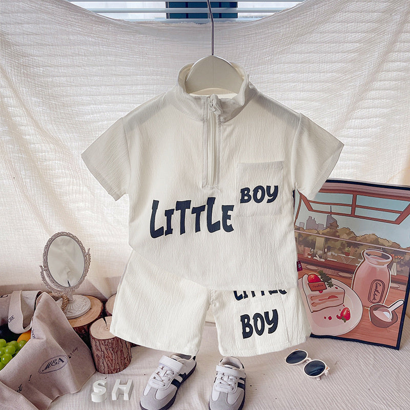 Summer boys' outfit stylish toddler letter print half-zip short-sleeve suit casual fashion sporty children's clothing trendy