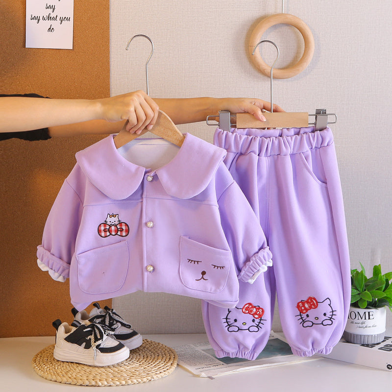 Girls' Spring Outfit: Stylish Bowknot Cat Two-Piece Set, Cute Cartoon Clothes for Toddlers, Trendy Infant Clothing