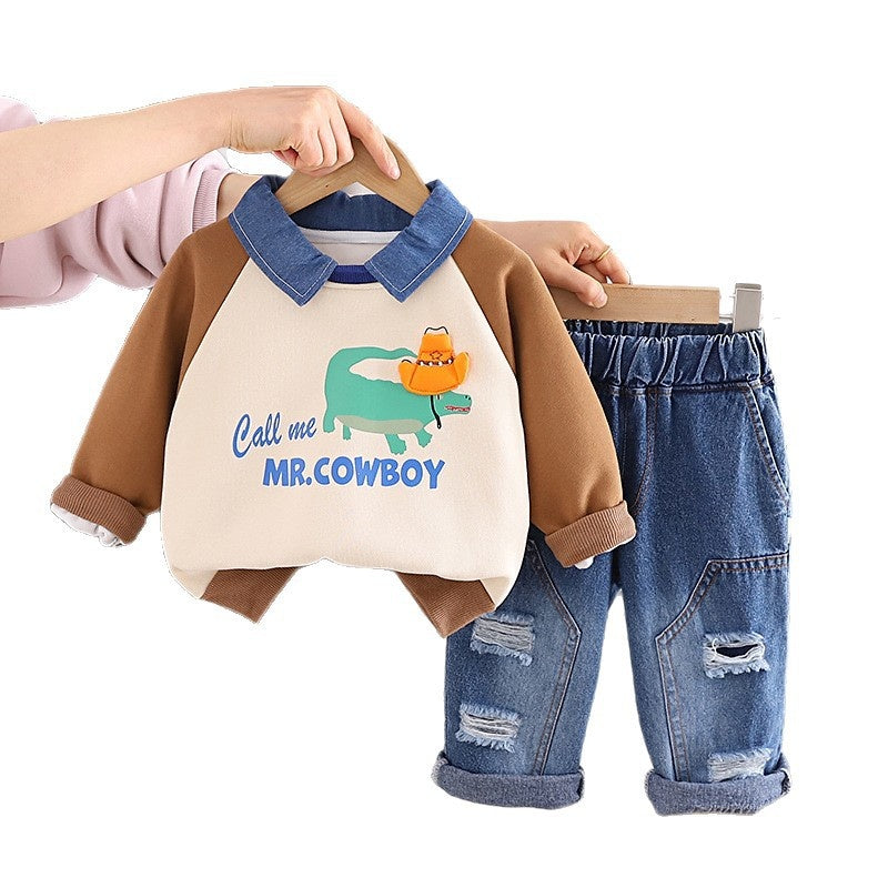 Boys' Outfit 2026 New Style Infant Children's Spring and Autumn Denim Collar Crocodile Sweatshirt Two-Piece Set for Handsome Boys