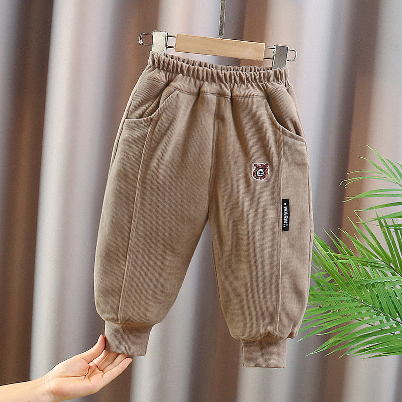Side Label Bear Head Cotton Thickened Baby One-Piece Boys' Winter Quilted Casual Pants Trendy