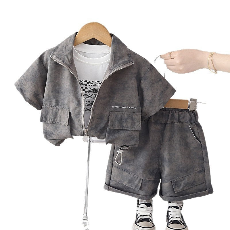 Baby Outfit 2026 New Fashionable Set for Boys, Summer Stand Collar Zipper Shirt Three-Piece Set, Infant and Children's Clothing