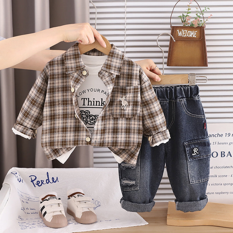 Children's clothing boys' long-sleeve suit new style baby toddler plaid shirt three-piece set ages 1-3-5 years old, stylish for spring and autumn