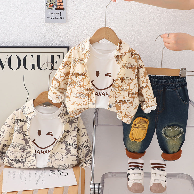 Boys' Toddler Clothing Autumn 2025 New Tie-Dye Smiley Face Jacket Casual Long Pants Children's Baby Three-Piece Set