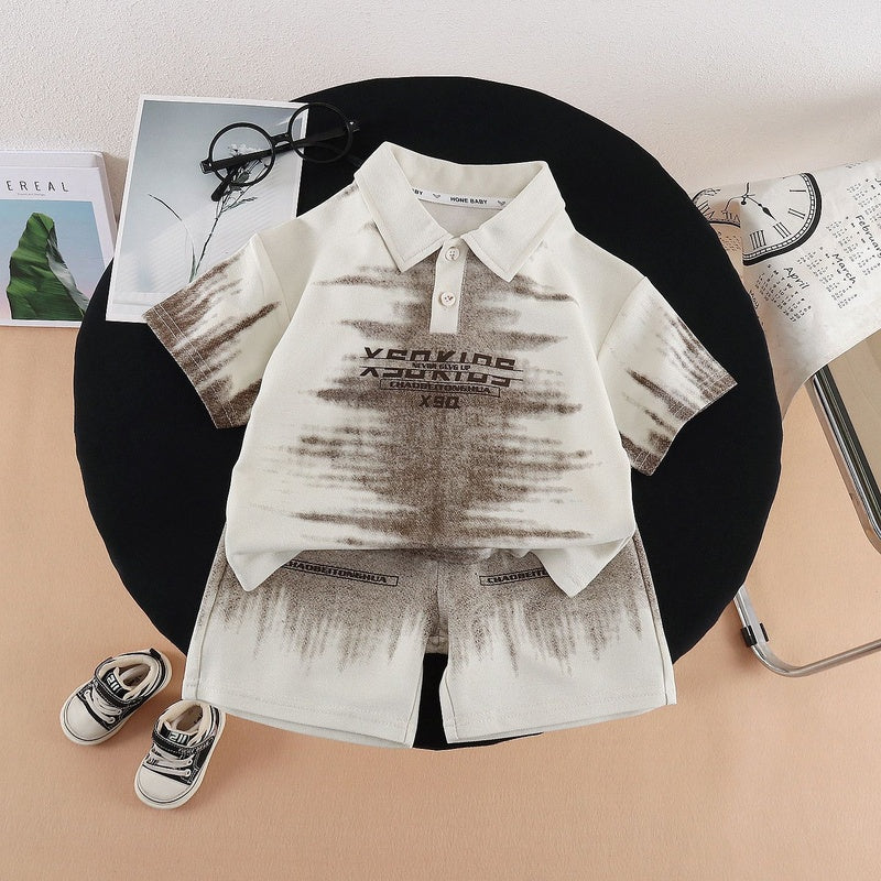 Boys' Outfit Short Sleeve, 2026 New Fashionable Baby Children's Lapel Tie-Dye Letter Two-Piece Set, Summer Trendy